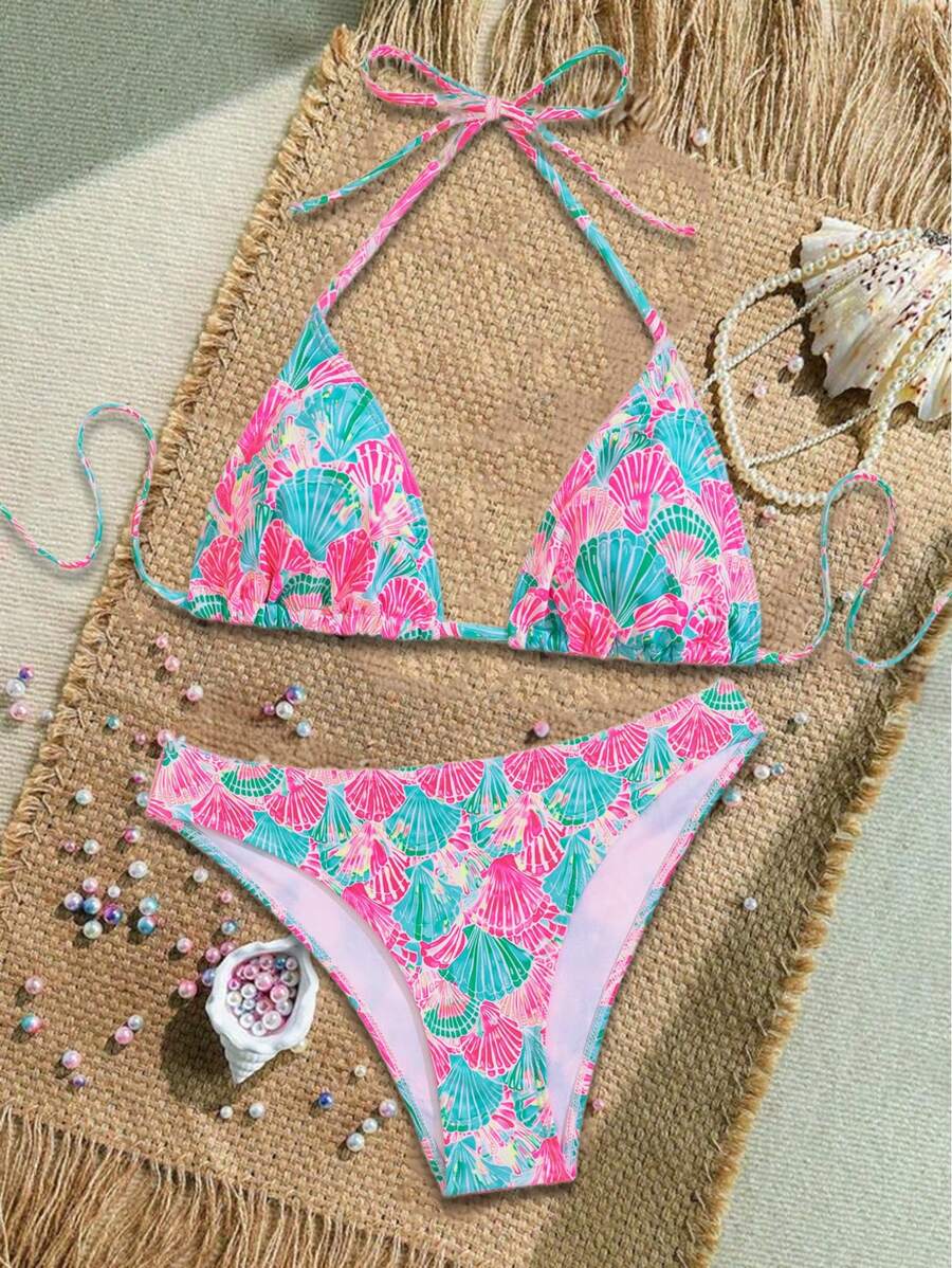 Çiçek Desenli Halter Bağcıklı Bikini Takımı