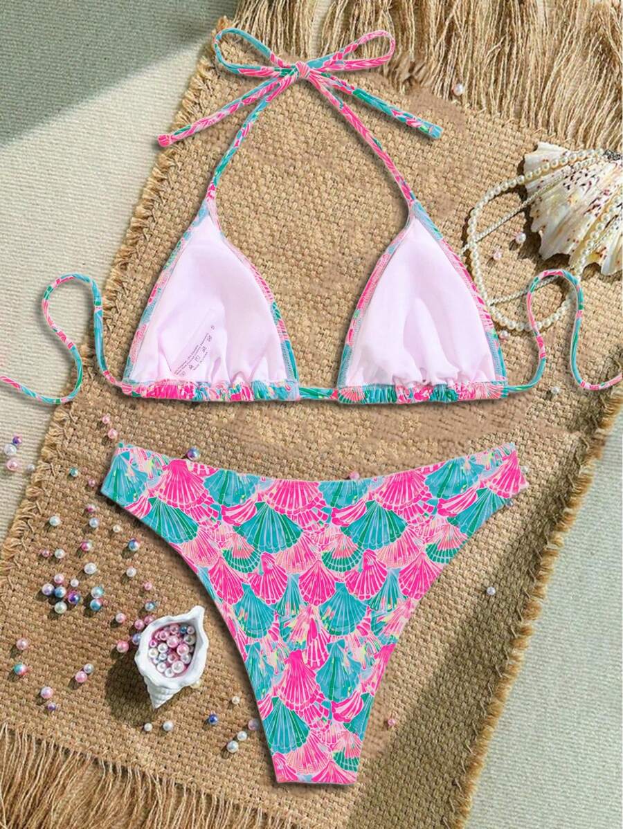 Çiçek Desenli Halter Bağcıklı Bikini Takımı