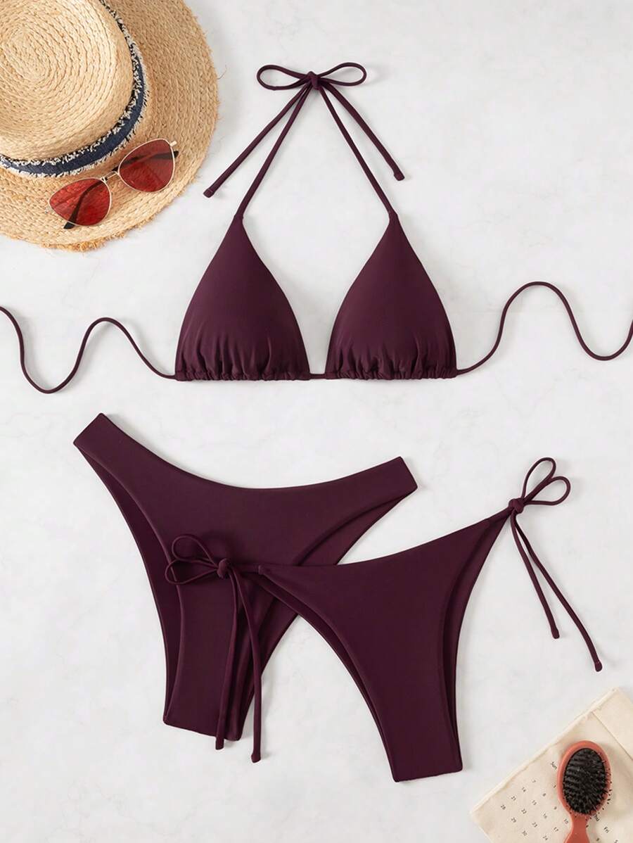 3 Parça Halter Üst + Üçgen Alt + Bağcıklı Şort Bikini Takımı