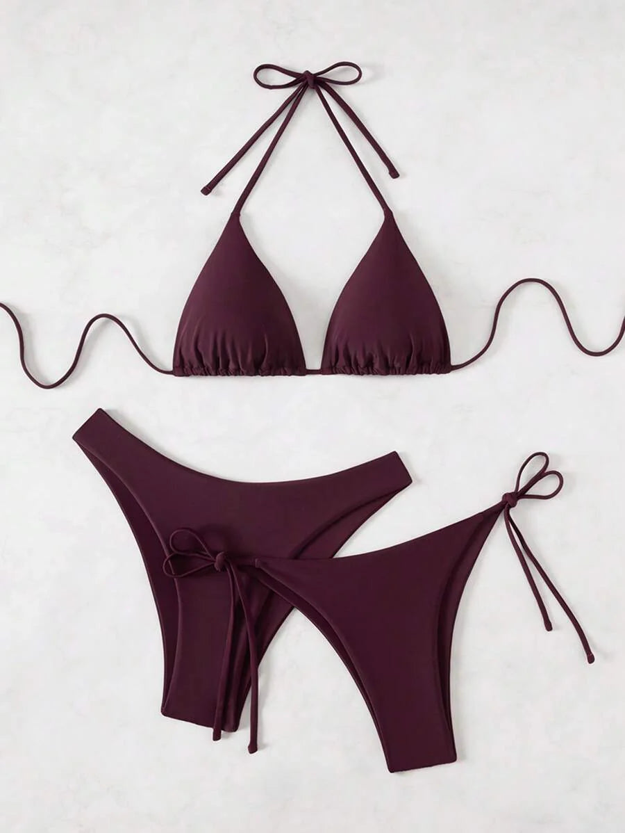 3 Parça Halter Üst + Üçgen Alt + Bağcıklı Şort Bikini Takımı