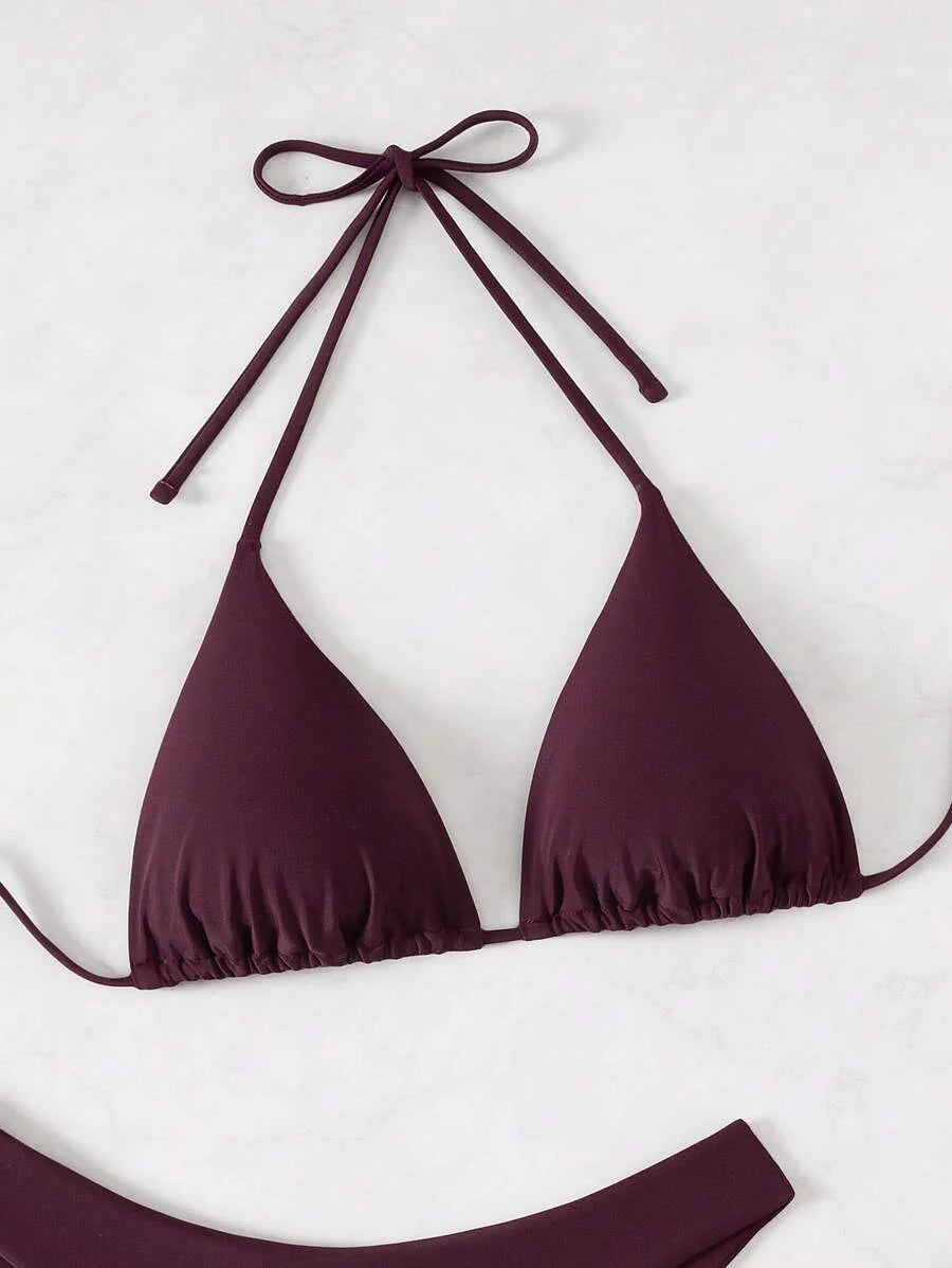 3 Parça Halter Üst + Üçgen Alt + Bağcıklı Şort Bikini Takımı