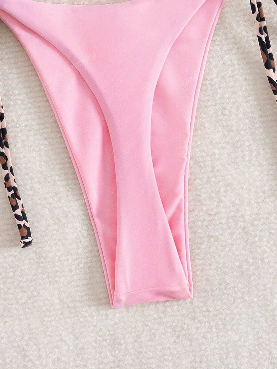 Leopar Desenli Boyundan Bağlamalı Bikini Takımı
