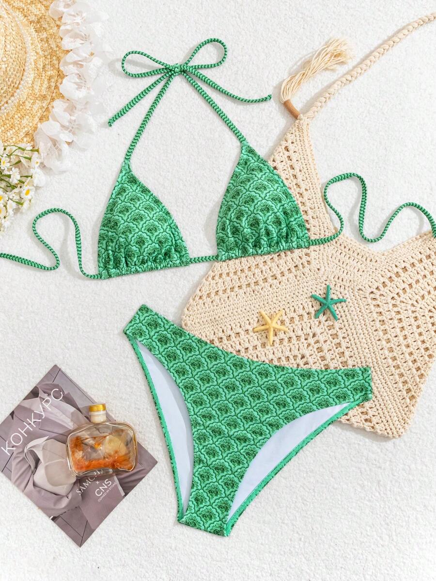 Çiçek Desenli Halter Bağcıklı Bikini Takımı