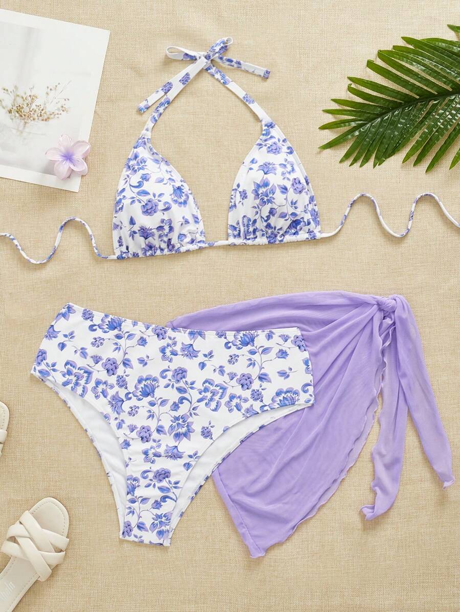 Büyük Beden Boyundan Bağlamalı Baskılı Bikini Takımı