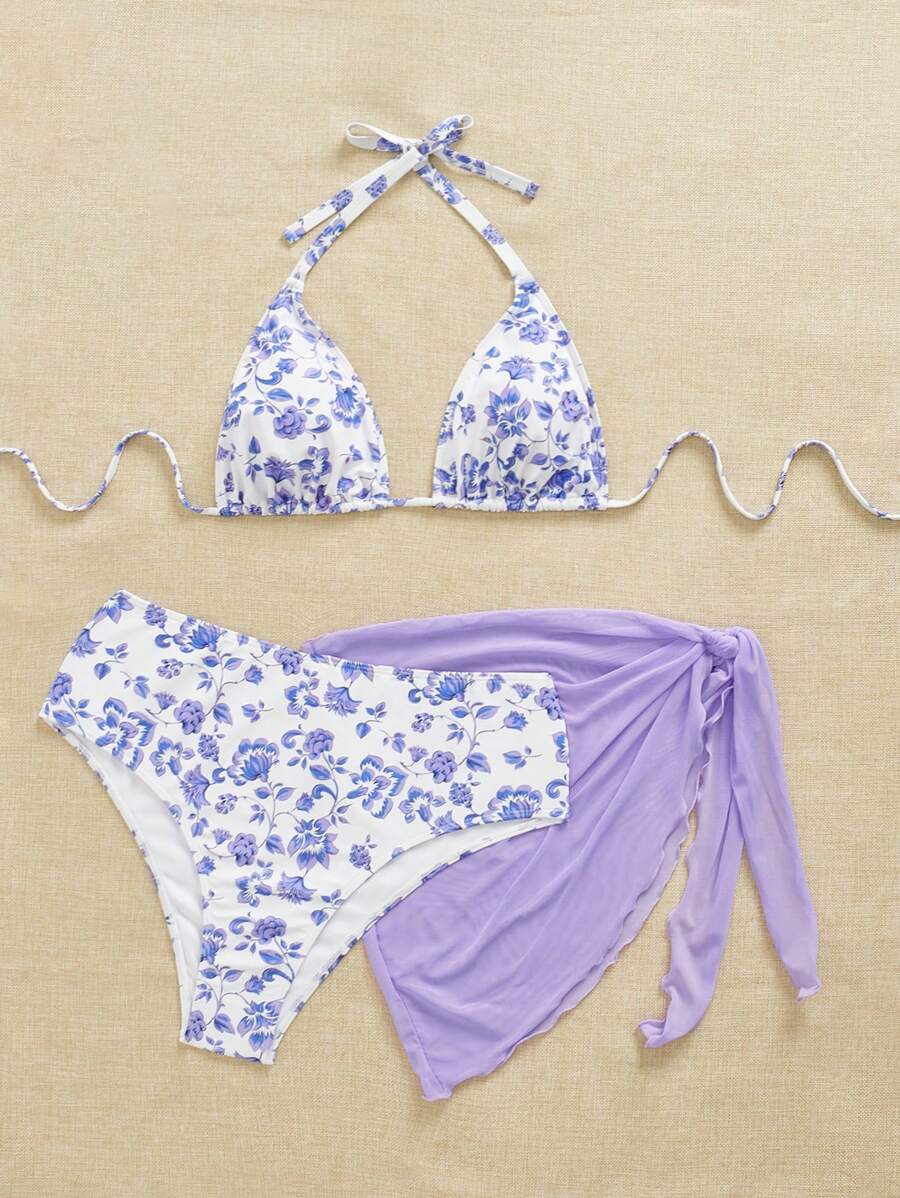 Büyük Beden Boyundan Bağlamalı Baskılı Bikini Takımı