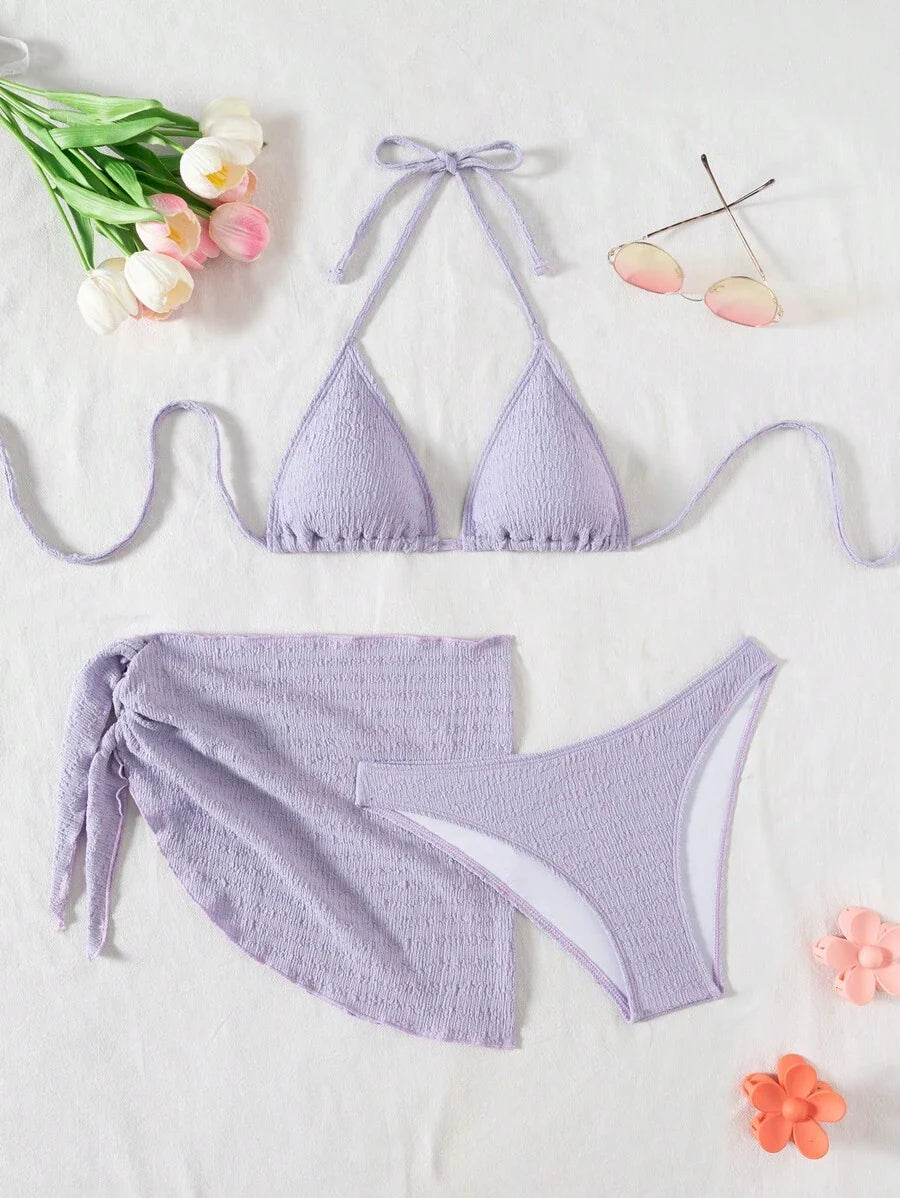 3 Parça Bikini Ve Düğümlü Mini Etek Takımı