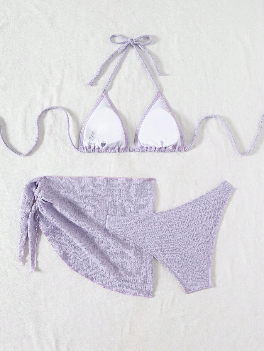3 Parça Bikini Ve Düğümlü Mini Etek Takımı