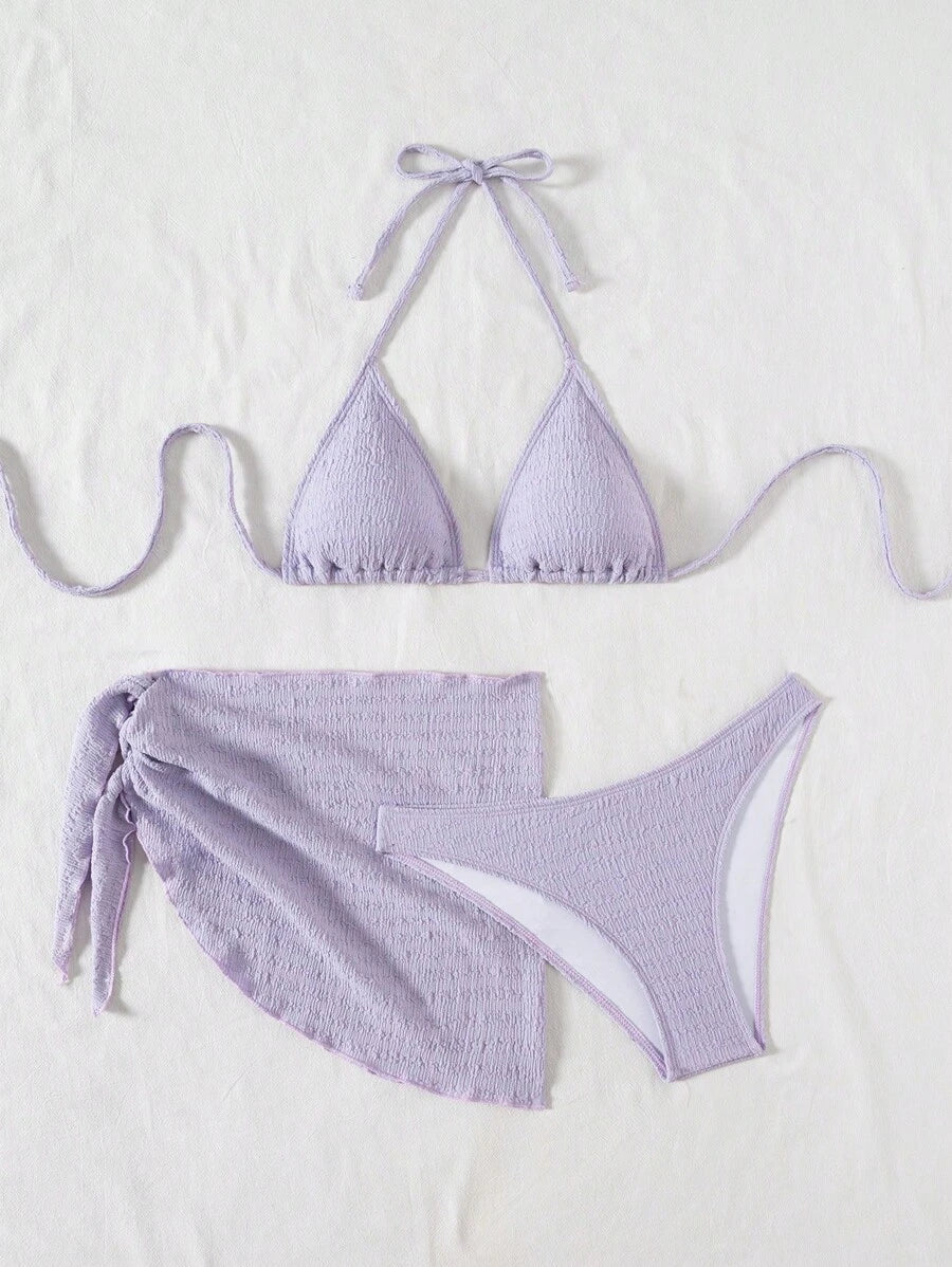 3 Parça Bikini Ve Düğümlü Mini Etek Takımı