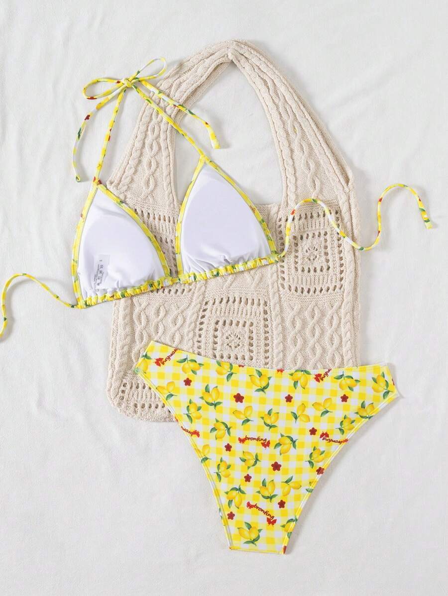 Çiçek Desenli Halter Bağcıklı Bikini Takımı
