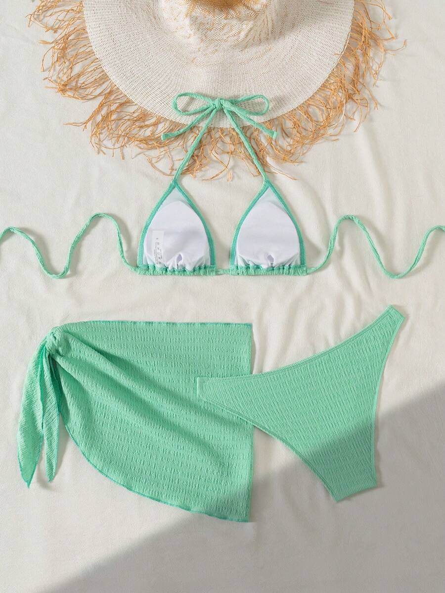 3 Parça Bikini Ve Düğümlü Mini Etek Takımı