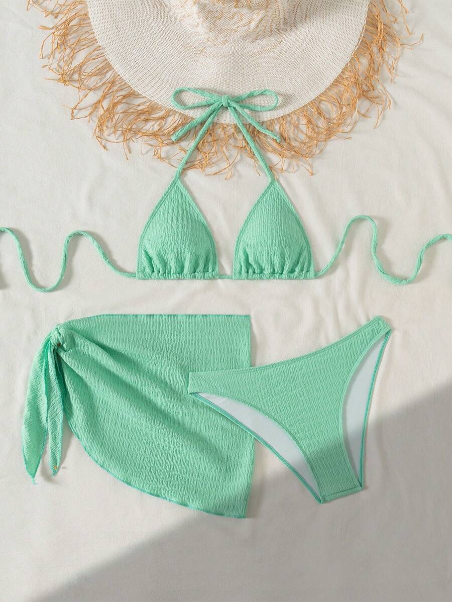 3 Parça Bikini Ve Düğümlü Mini Etek Takımı