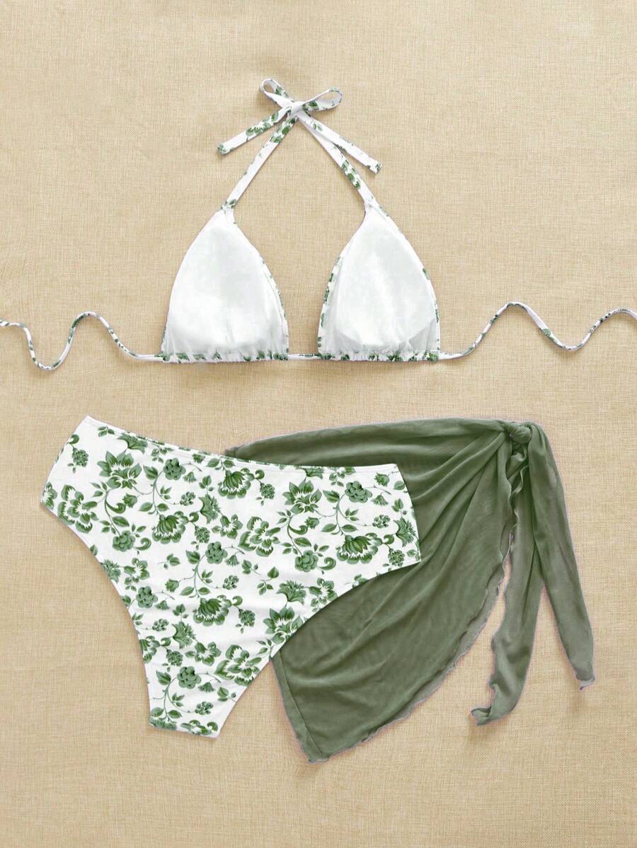 Büyük Beden Boyundan Bağlamalı Baskılı Bikini Takımı