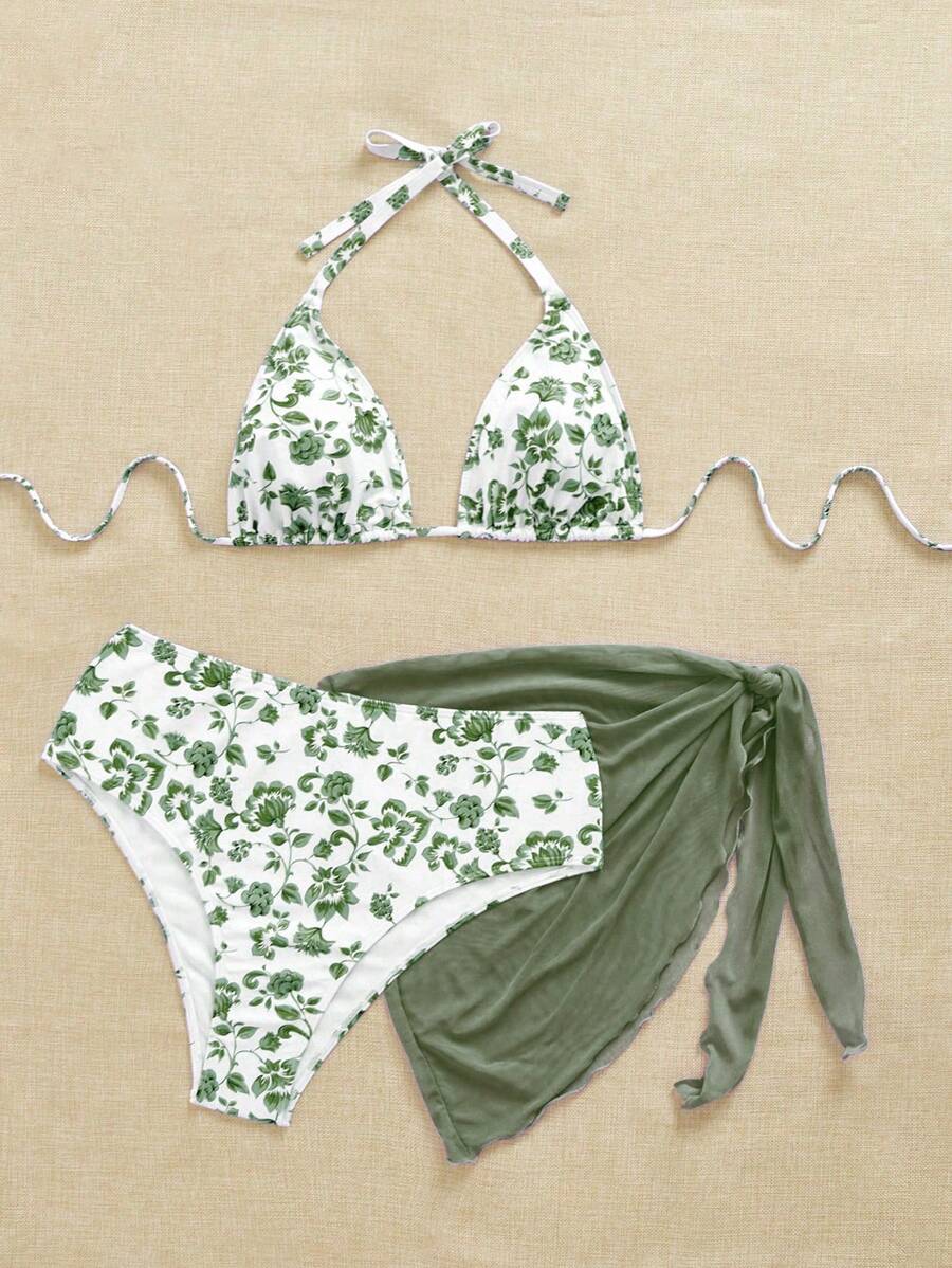 Büyük Beden Boyundan Bağlamalı Baskılı Bikini Takımı