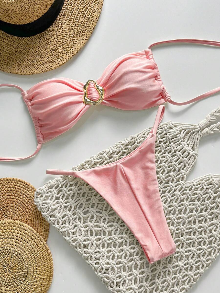 Pembe Straplez Bağcıklı Metal Detaylı Bikini Takımı