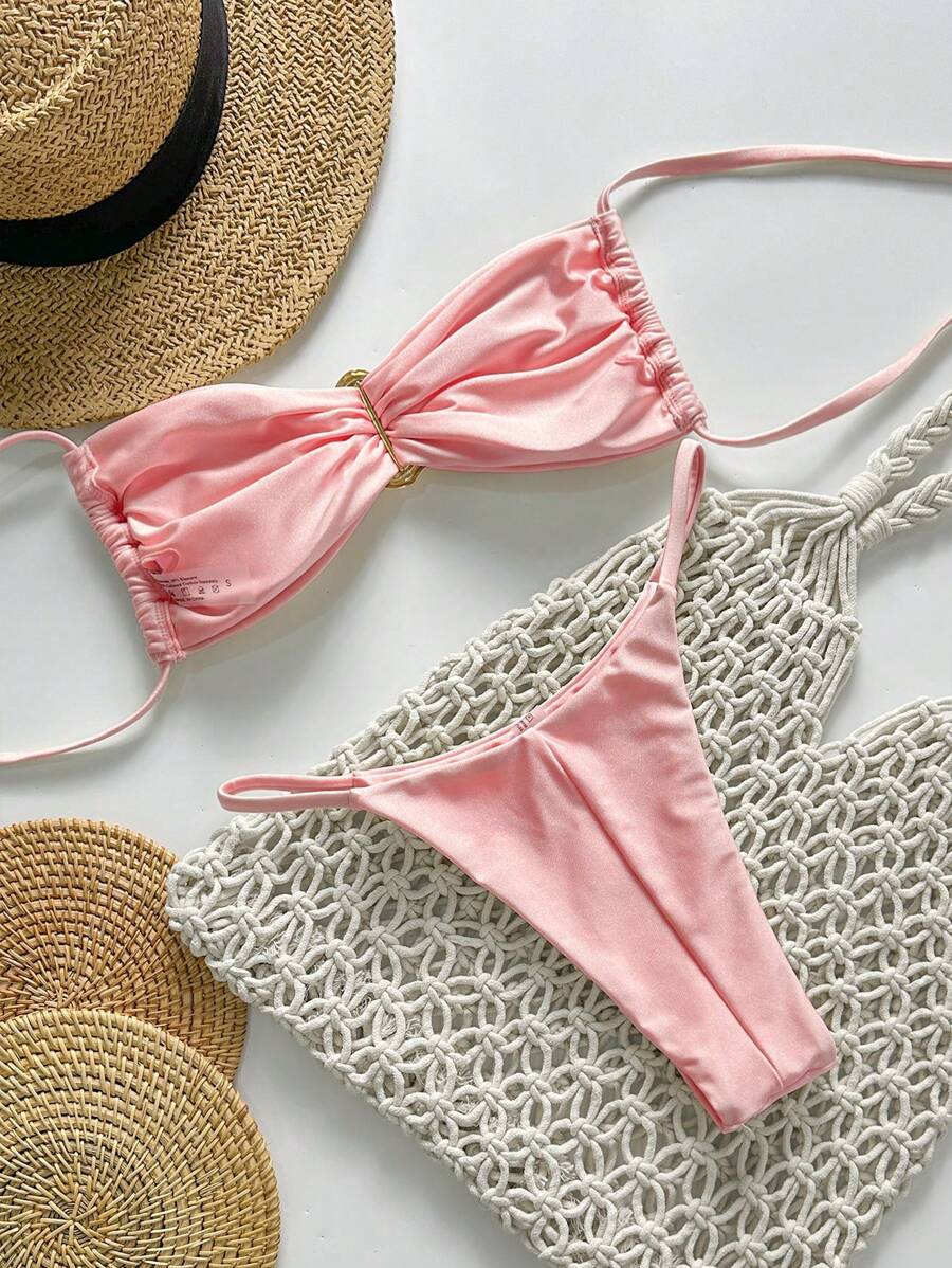 Pembe Straplez Bağcıklı Metal Detaylı Bikini Takımı