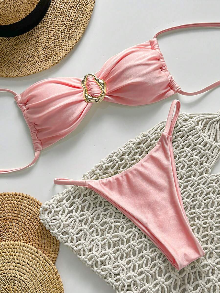 Pembe Straplez Bağcıklı Metal Detaylı Bikini Takımı