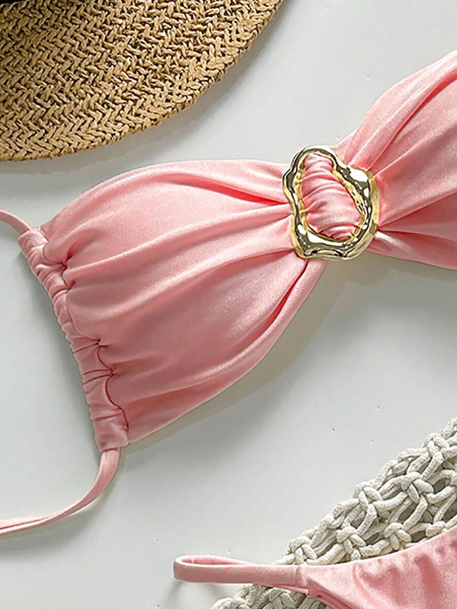 Pembe Straplez Bağcıklı Metal Detaylı Bikini Takımı