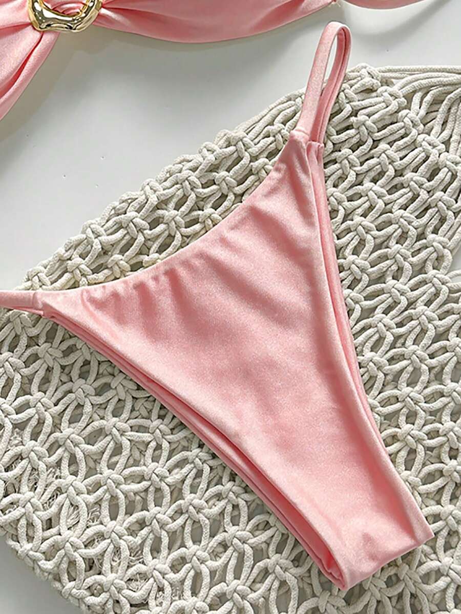 Pembe Straplez Bağcıklı Metal Detaylı Bikini Takımı