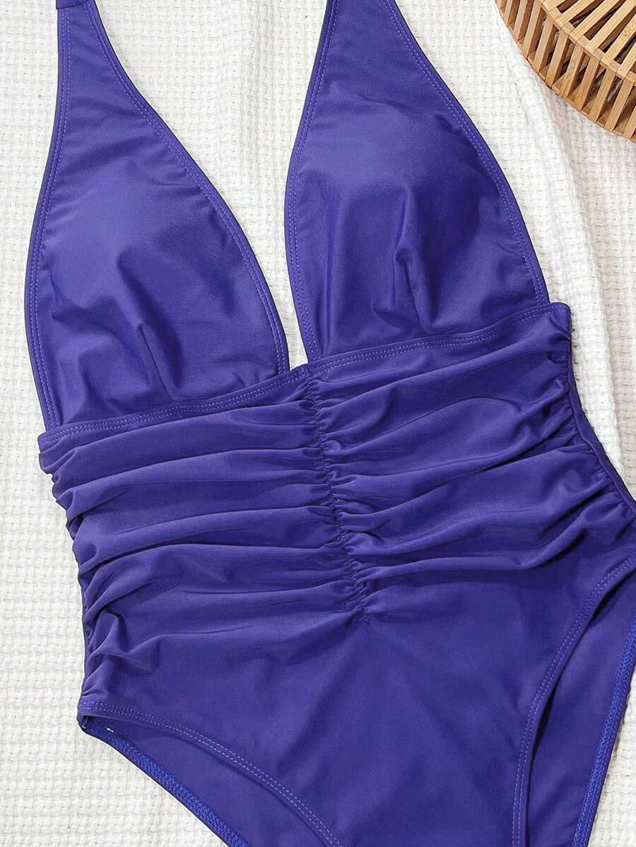 Halter Yaka Sade Tek Parça Mayo