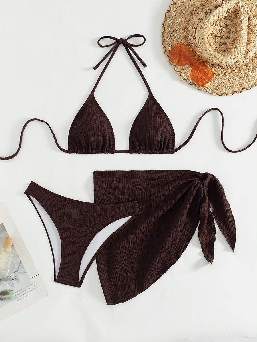 3 Parça Bikini Ve Düğümlü Mini Etek Takımı