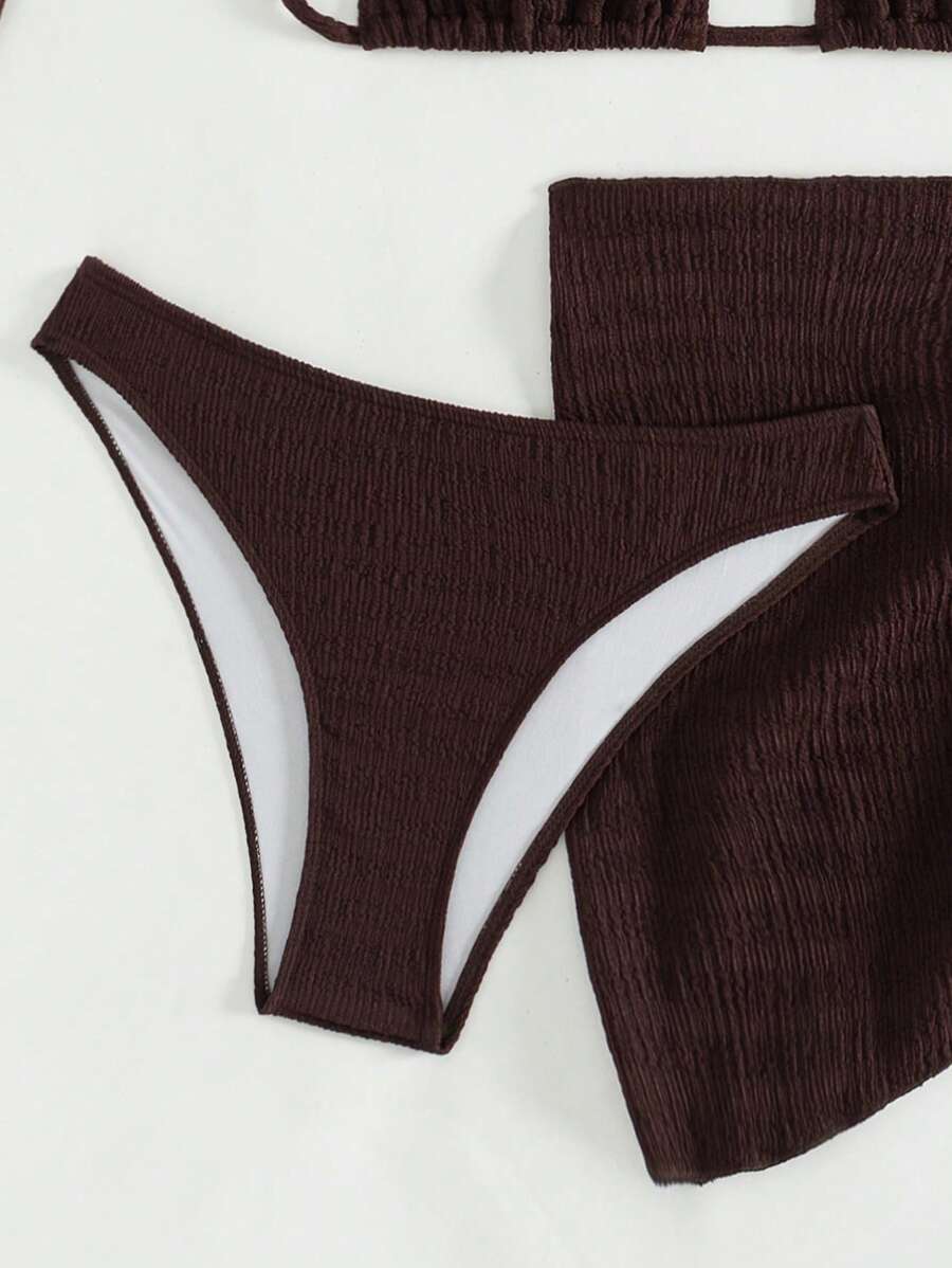 3 Parça Bikini Ve Düğümlü Mini Etek Takımı