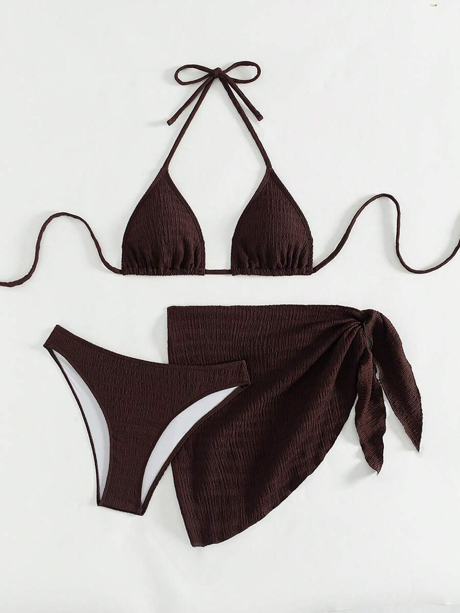 3 Parça Bikini Ve Düğümlü Mini Etek Takımı
