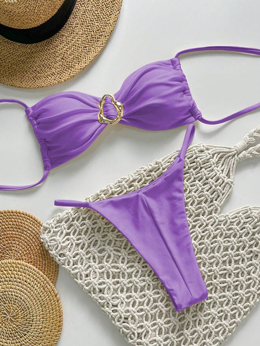 Pembe Straplez Bağcıklı Metal Detaylı Bikini Takımı