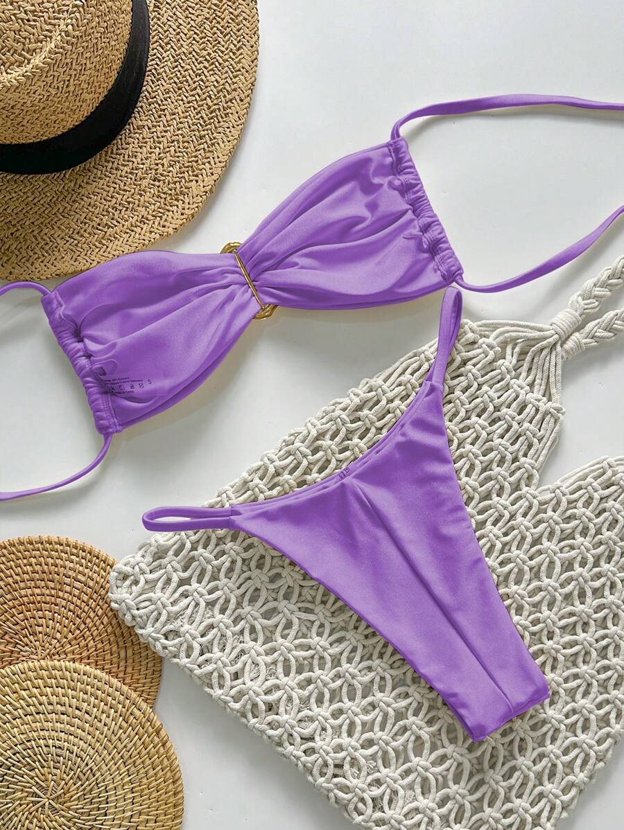 Pembe Straplez Bağcıklı Metal Detaylı Bikini Takımı