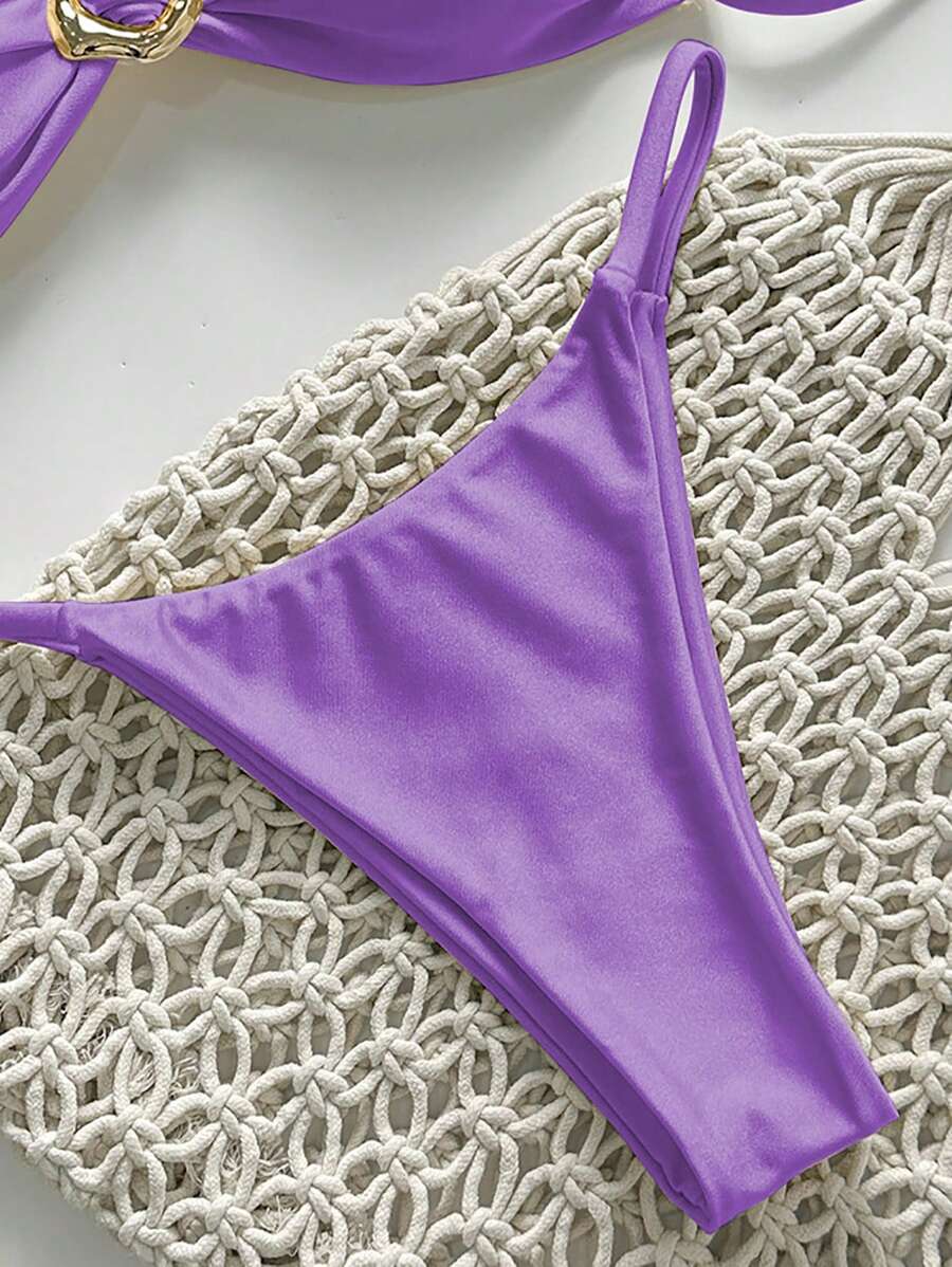 Pembe Straplez Bağcıklı Metal Detaylı Bikini Takımı