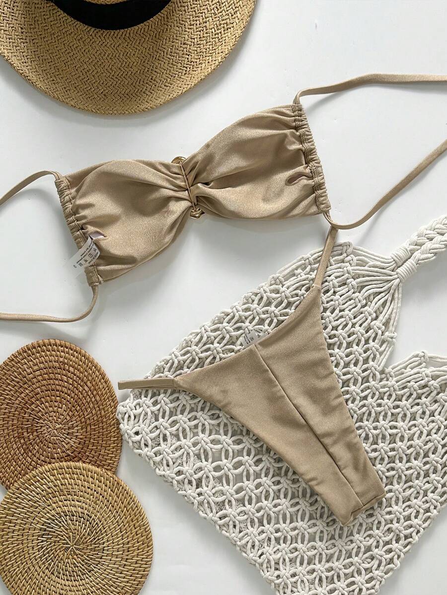 Pembe Straplez Bağcıklı Metal Detaylı Bikini Takımı