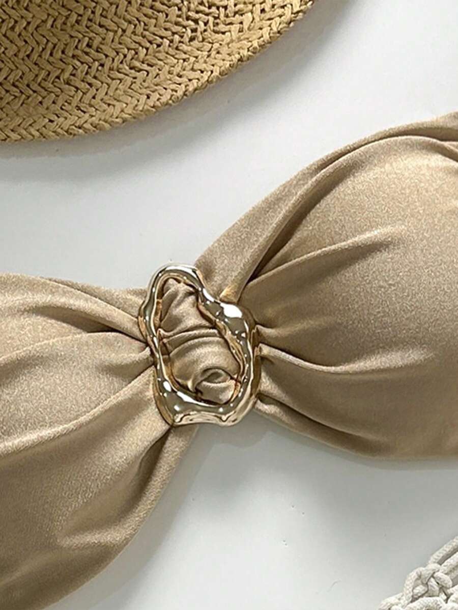 Pembe Straplez Bağcıklı Metal Detaylı Bikini Takımı