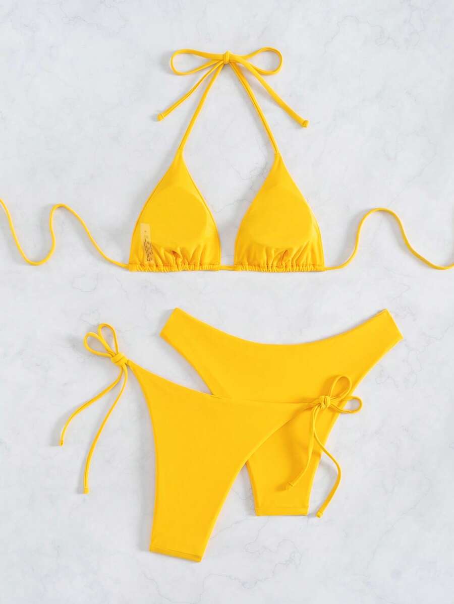 3 Parça Halter Üst + Üçgen Alt + Bağcıklı Şort Bikini Takımı
