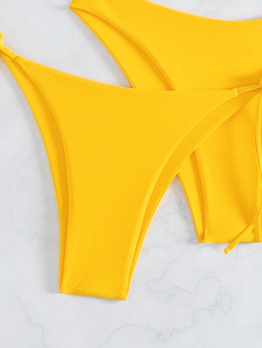3 Parça Halter Üst + Üçgen Alt + Bağcıklı Şort Bikini Takımı