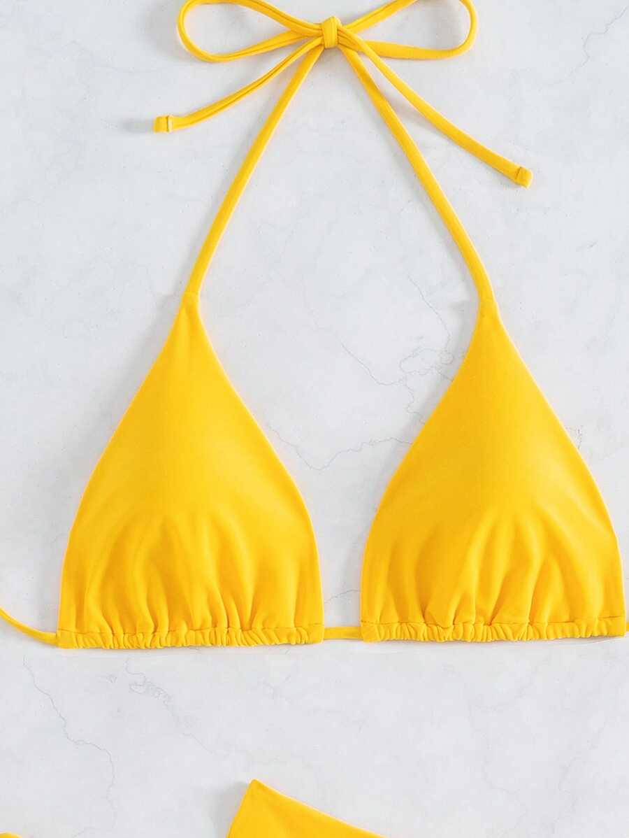3 Parça Halter Üst + Üçgen Alt + Bağcıklı Şort Bikini Takımı
