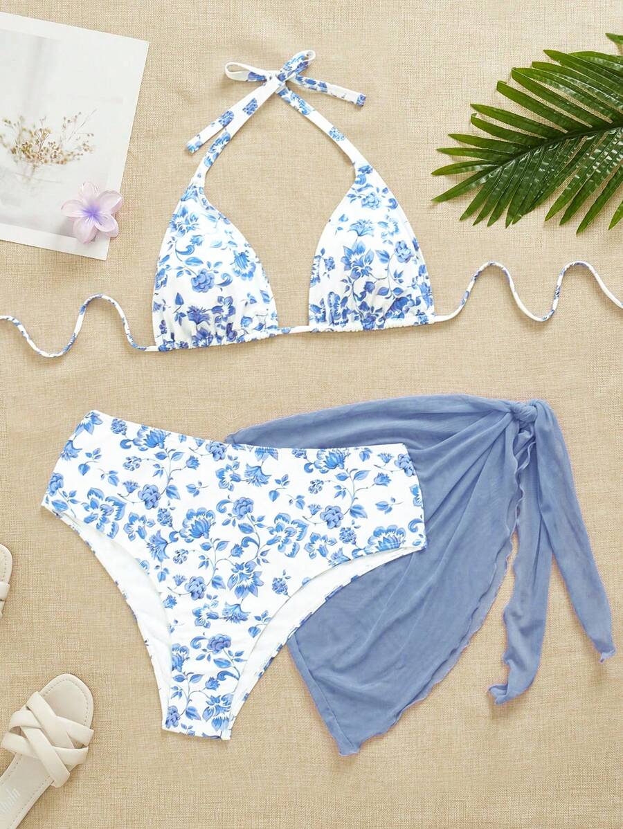 Büyük Beden Boyundan Bağlamalı Baskılı Bikini Takımı
