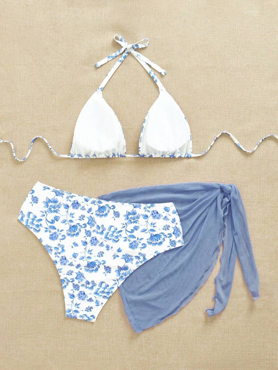 Büyük Beden Boyundan Bağlamalı Baskılı Bikini Takımı