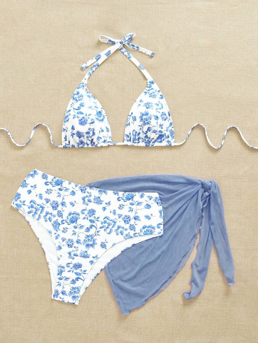 Büyük Beden Boyundan Bağlamalı Baskılı Bikini Takımı
