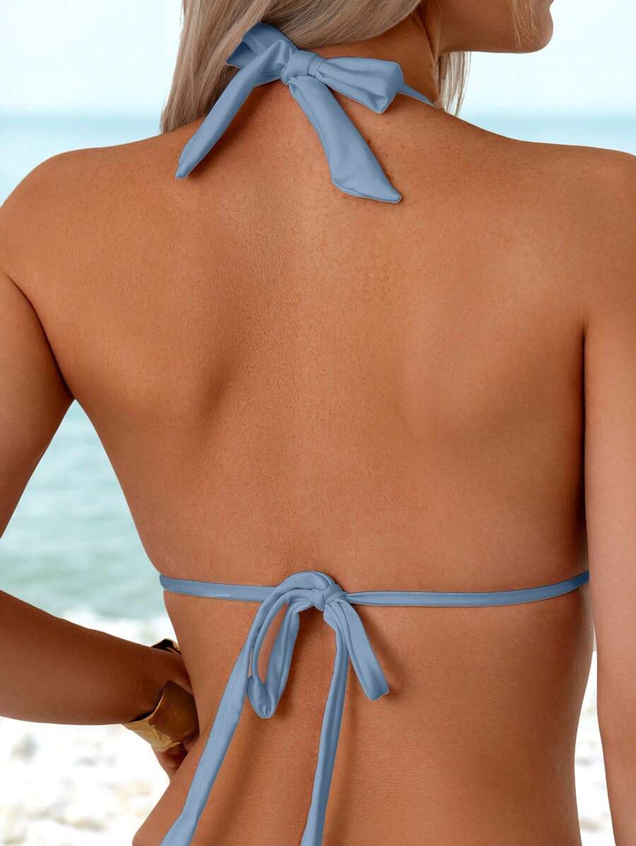 Düz Renk Halter Bağcıklı Bikini Takımı