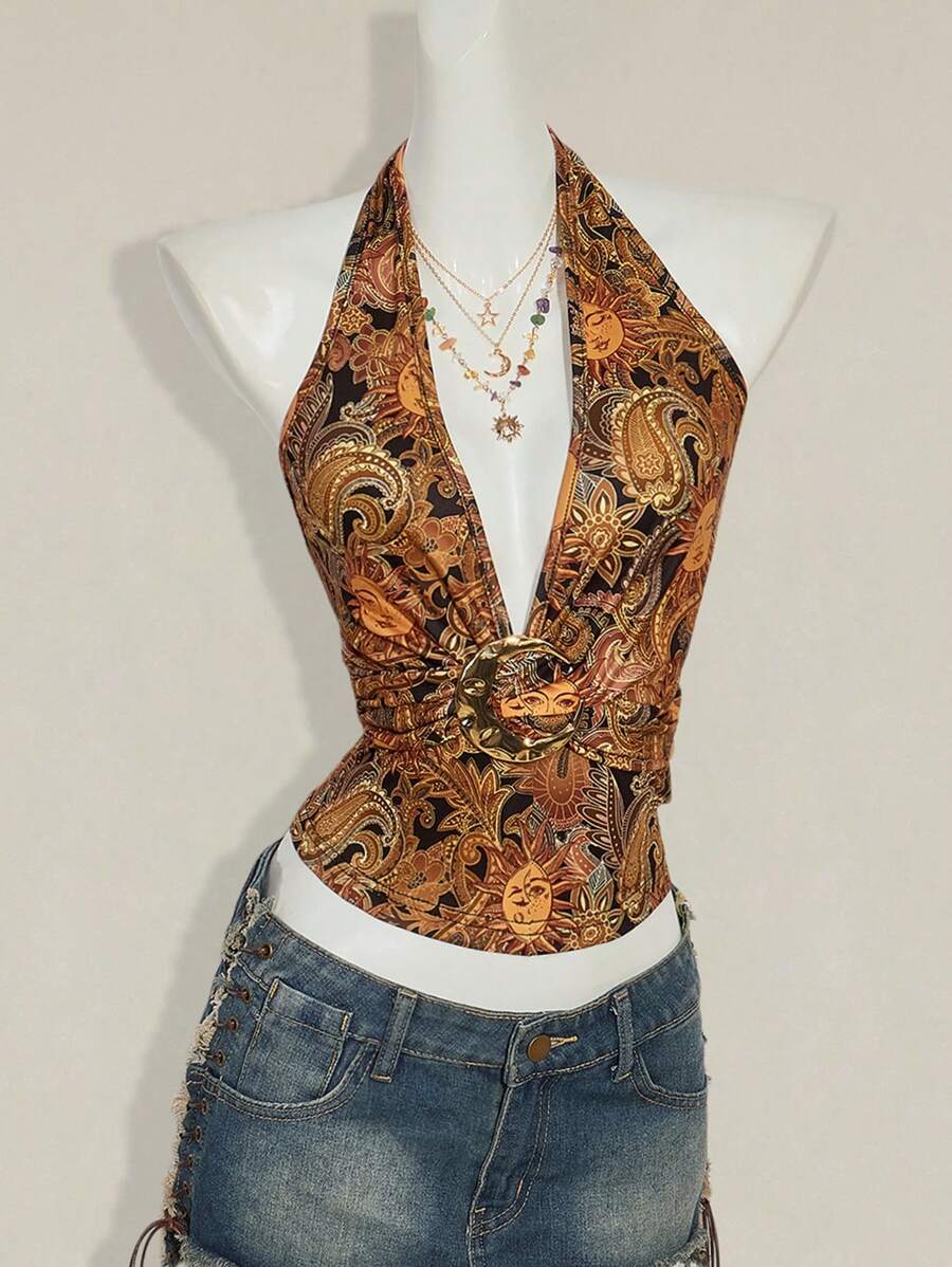 Paisley Desenli Askılı Sırtı Açık Üst