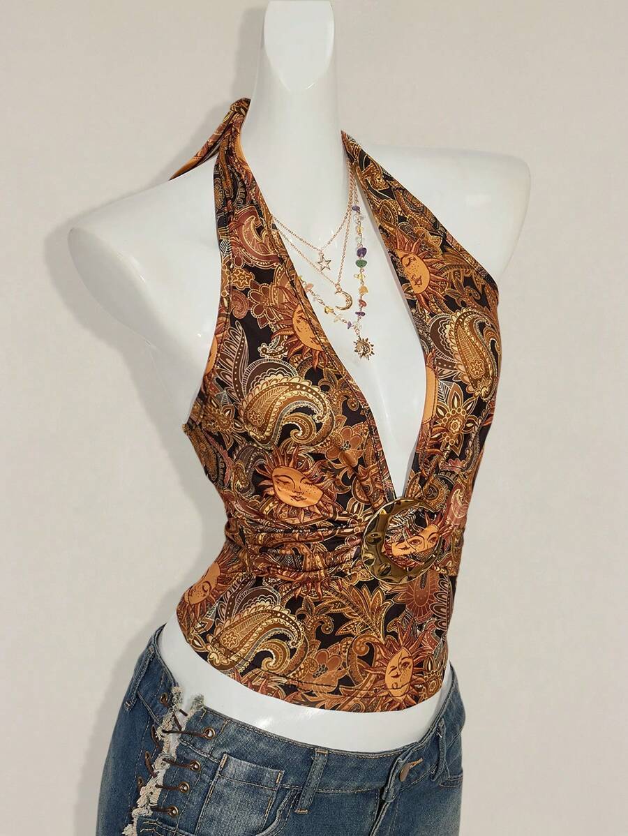 Paisley Desenli Askılı Sırtı Açık Üst