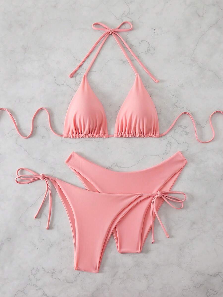 3 Parça Halter Üst + Üçgen Alt + Bağcıklı Şort Bikini Takımı