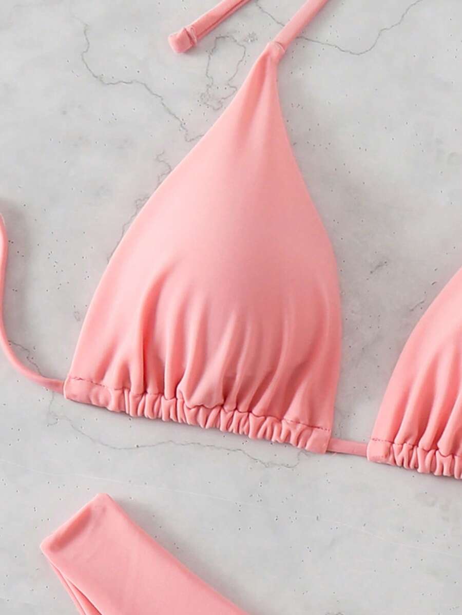 3 Parça Halter Üst + Üçgen Alt + Bağcıklı Şort Bikini Takımı