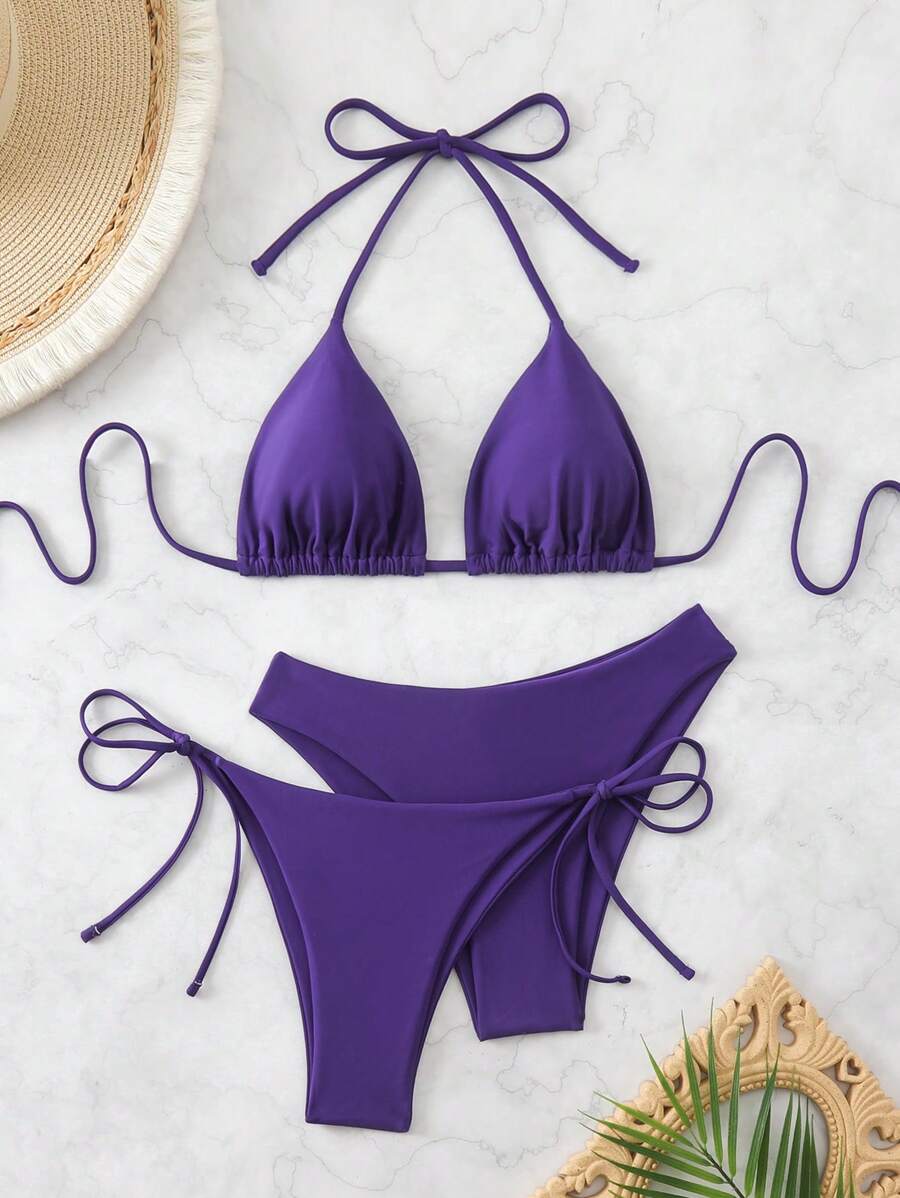 3 Parça Halter Üst + Üçgen Alt + Bağcıklı Şort Bikini Takımı