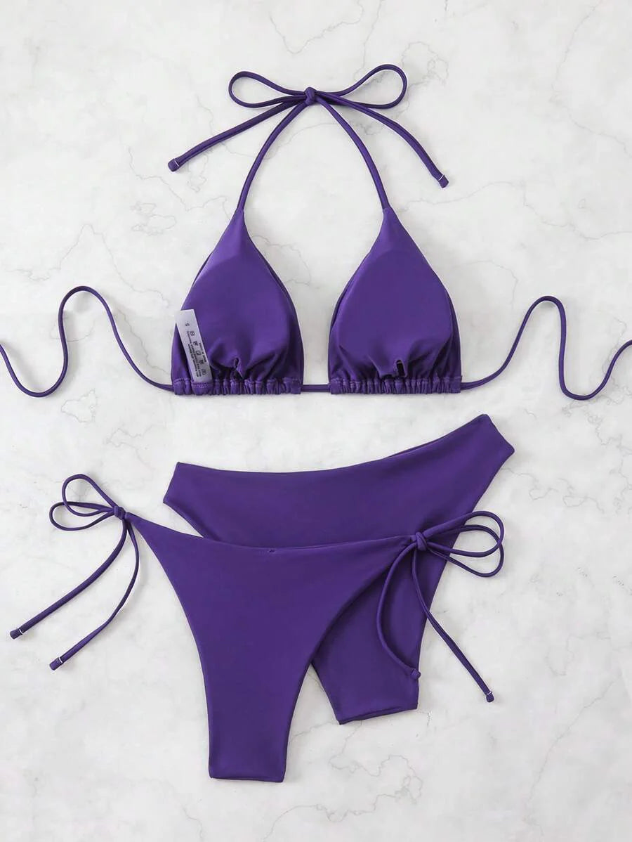 3 Parça Halter Üst + Üçgen Alt + Bağcıklı Şort Bikini Takımı