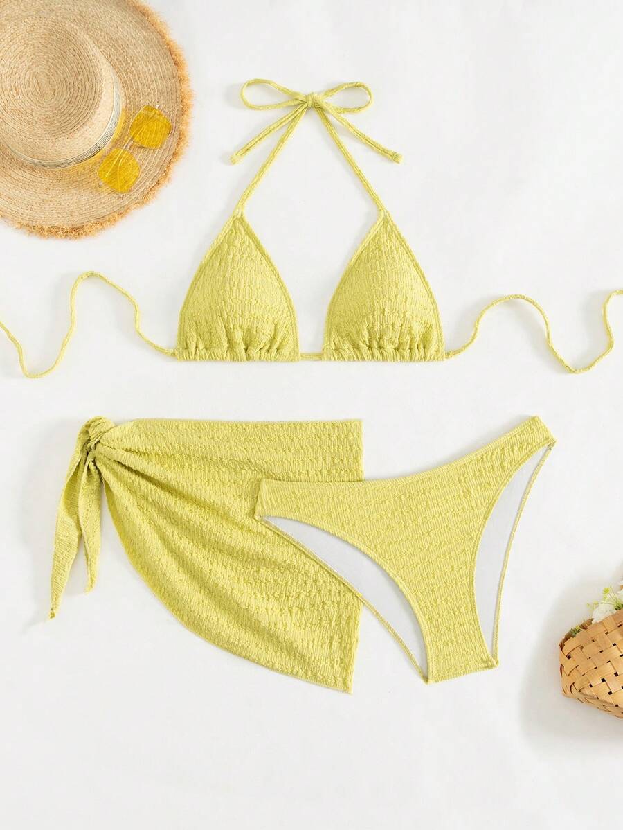 3 Parça Bikini Ve Düğümlü Mini Etek Takımı