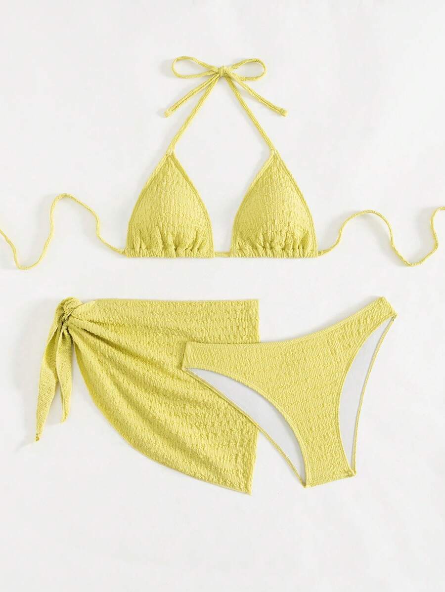 3 Parça Bikini Ve Düğümlü Mini Etek Takımı