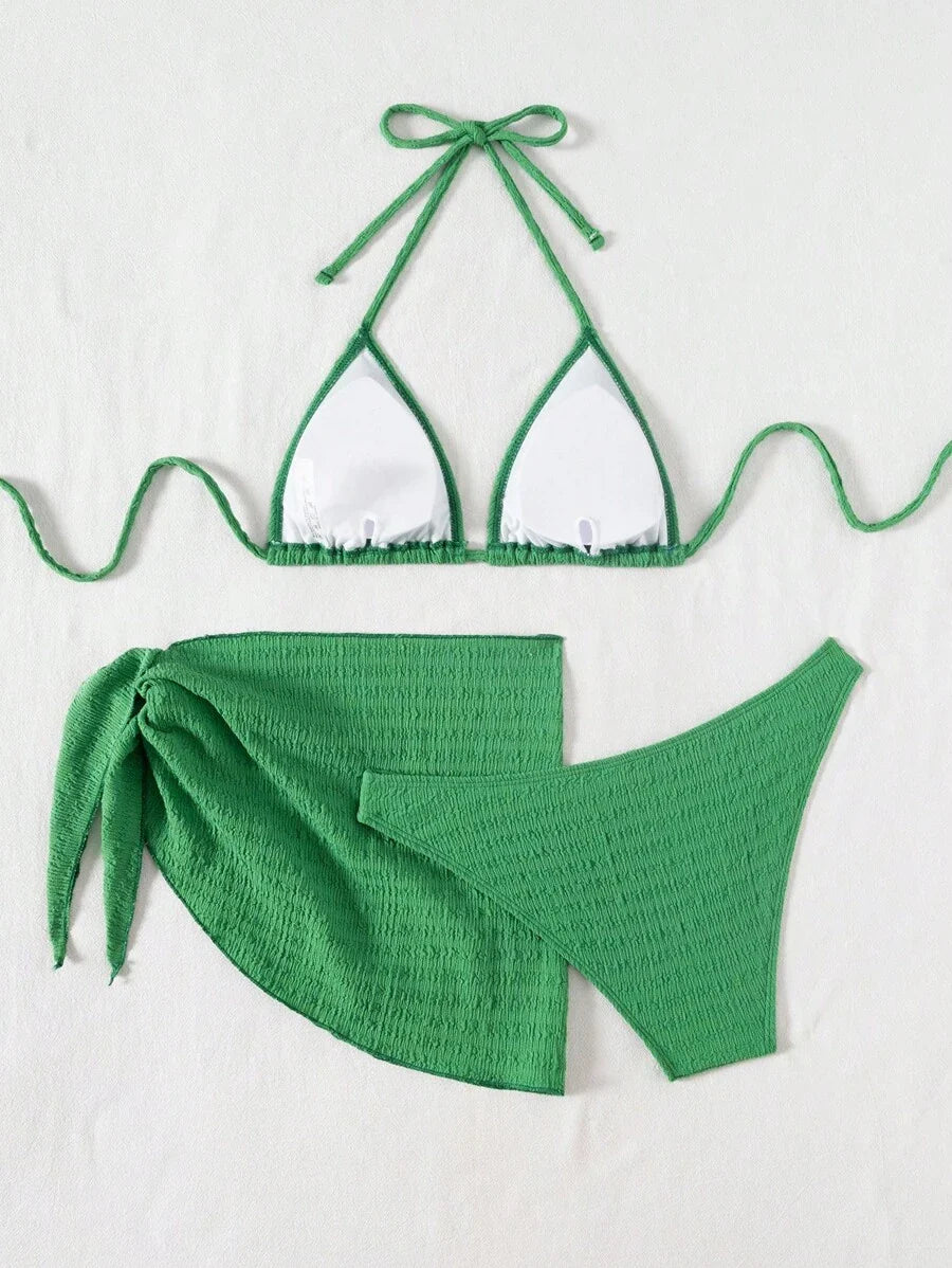 3 Parça Bikini Ve Düğümlü Mini Etek Takımı