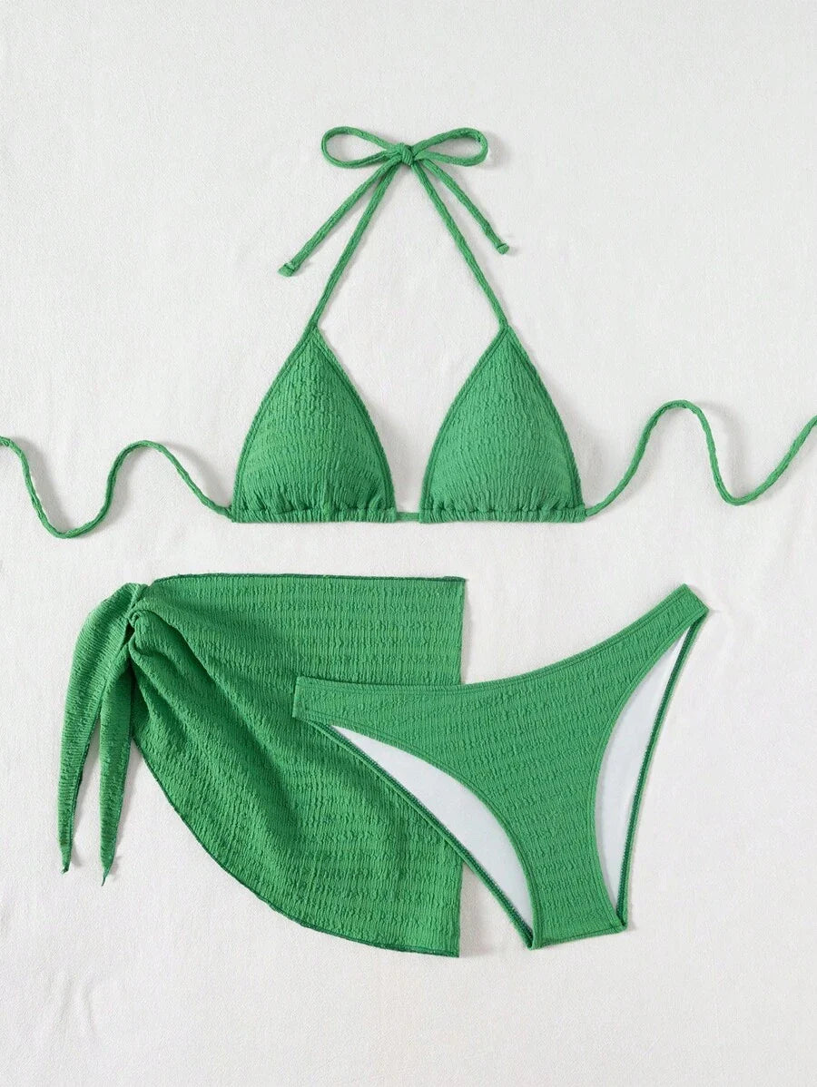 3 Parça Bikini Ve Düğümlü Mini Etek Takımı