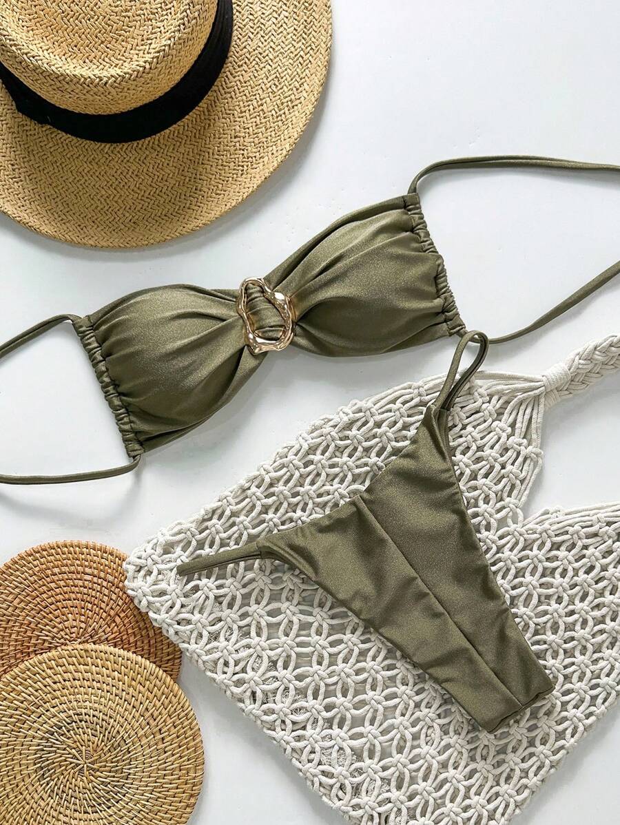 Pembe Straplez Bağcıklı Metal Detaylı Bikini Takımı