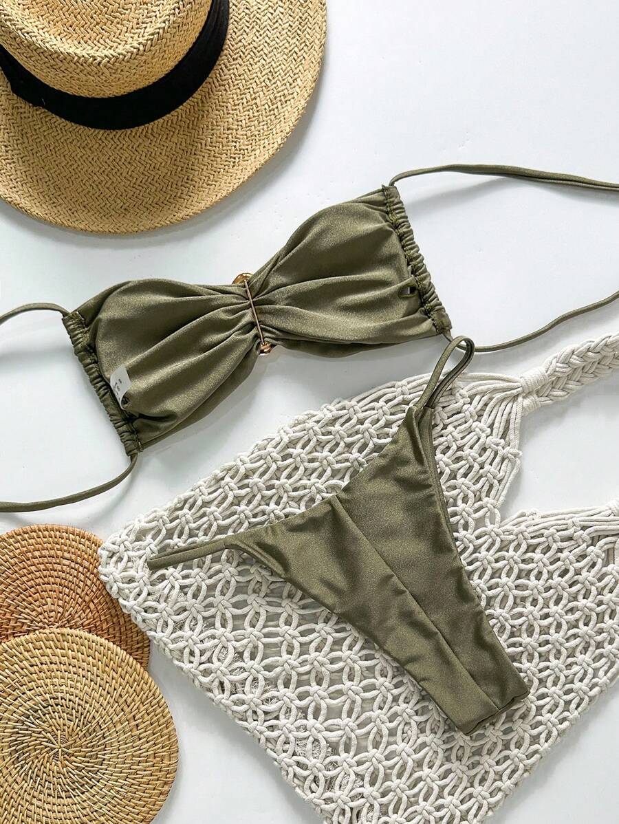 Pembe Straplez Bağcıklı Metal Detaylı Bikini Takımı
